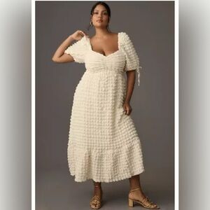 Anthropologie Puff Sleeve Textured Midi Dresss